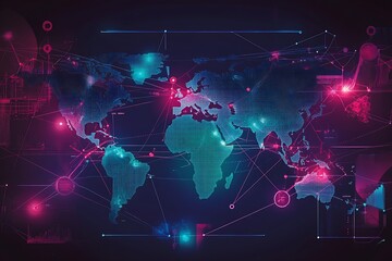 Poster - World Map with Cyber Connections and Digital Nodes in a Futuristic Interface : Generative AI