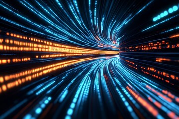 Fototapete - Futuristic Data Flow Lines in Vivid Blue and Orange Streaks : Generative AI
