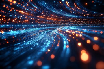 Leinwandbilder - Abstract Digital Light Waves in Vivid Blue and Orange with Glowing Particles : Generative AI