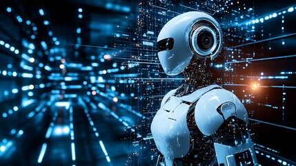 Fototapete - Futuristic Humanoid Robot in Data-Drenched Digital Interface Cybertech Environment : Generative AI