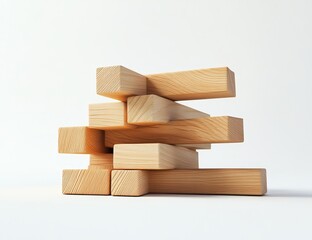 Fototapete - Abstract wooden blocks stacked, creating an intricate structure against a white background.
