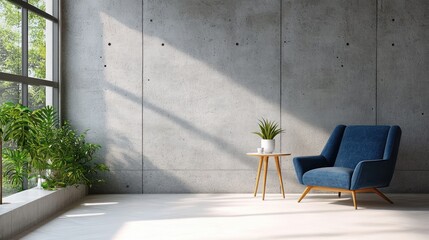 Wall Mural - Modern minimalist interior with deep blue armchair and sleek table natural light and concrete wall design ideas