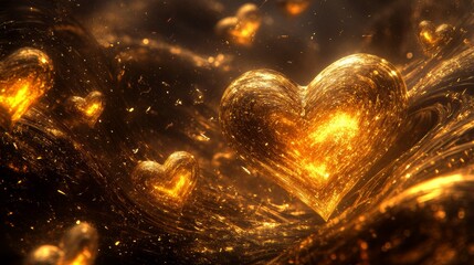 Wall Mural - golden hearts shimmer amidst swirling golden light in a magical atmosphere of love and warmth