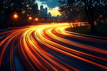 Poster - Blurred Motion Lights Swirling on Urban Roads at Dusk in Modern City Environment : Generative AI