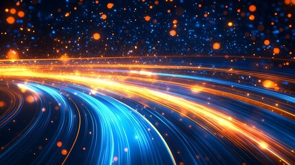 Poster - Electric Blue and Orange Luminescent Energy Trails in Abstract Flow : Generative AI