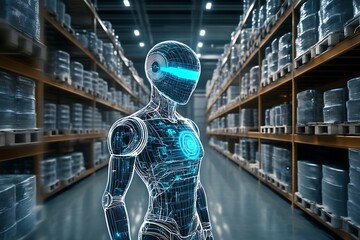 Poster - Advanced Cybernetic Robot Navigating High-Tech Warehouse Environment : Generative AI