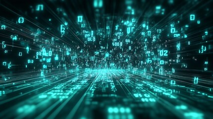 Fototapete - Complex binary code in teal hues depicting technological data structures : Generative AI
