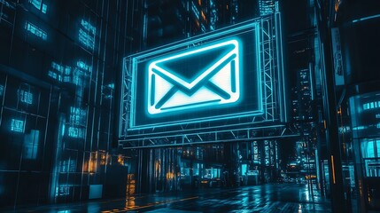 Aufkleber - Neon Envelope Symbol in High Tech Cyberpunk Urban Cityscape at Night Display : Generative AI