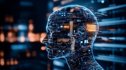 Fototapete - Profile of Digital Human in Neon Cybernetic Environment with Code Overlay : Generative AI