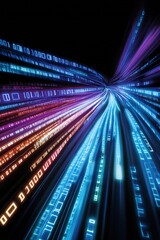Fototapete - Vibrant Digital Data Stream in Motion with Bright Binary Code Flowing in Technological Tunnel : Generative AI