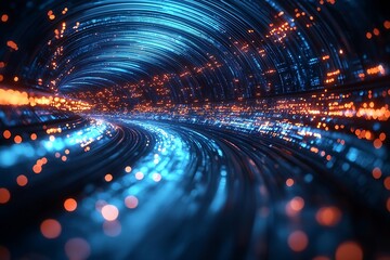 Aufkleber - Futuristic Glowing Tunnel of Blue and Orange Digital Light with Dynamic Energy : Generative AI