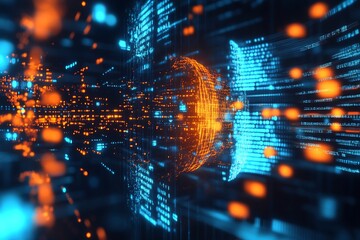 Leinwandbilder - Futuristic Digital Abstract Blue and Orange Light Patterns in Motion : Generative AI
