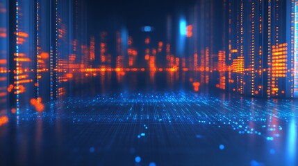 Aufkleber - Futuristic Data Center With Glowing Orange Lights And Digital Information Panels : Generative AI