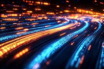 Poster - Dynamic digital lines in radiant blue and orange abstract tech motion : Generative AI