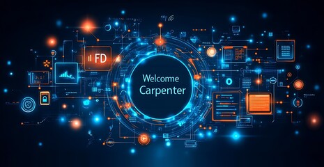 Aufkleber - Futuristic Digital Interface with Blue and Orange Technology Elements and Welcome Message : Generative AI