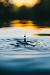Poster - Captivating Water Droplet Landing on Rippling Lake Surface with Golden Glow : Generative AI