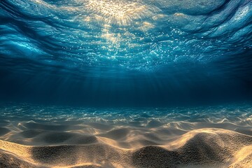 Poster - Beautiful Underwater Landscape with Sunlit Ripples over Sandy Ocean Floor : Generative AI