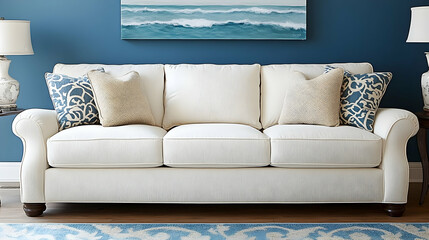 Poster - Cream sofa in blue living room, ocean art