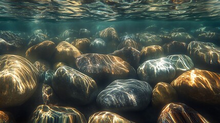 Poster - Peaceful Underwater Scene with Sunlit Stones and Reflective Waters : Generative AI
