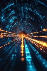 Fototapete - Futuristic Digital Data Tunnel with Dynamic Light Trails in Blue and Orange : Generative AI