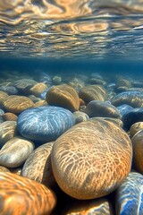 Poster - Crystal Clear Water and Rounded Stone Composition Underwater : Generative AI