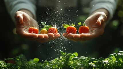 Wall Mural - Hands holding fresh tomatoes with water droplets in a lush garden setting