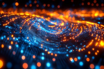 Fototapete - Vibrant Neon Orange and Blue Dot Patterns Creating Dynamic Flowing Texture - Tech Digital Art : Generative AI