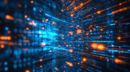 Fototapete - Bright Blue and Orange Digital Data Matrix for Modern Tech and Cyber Backgrounds : Generative AI