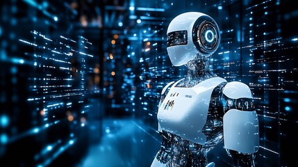 Fototapete - Innovative Humanoid Robot Amidst a Digital Data Flow in a Futuristic Cyber Setting : Generative AI