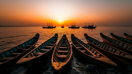 Sticker - Sunset over calm bay, fishing boats at rest