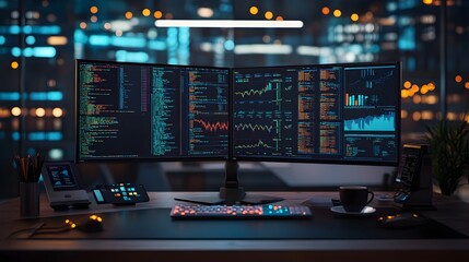 Modern Programmer Workspace Night Cityscape Background Dual Monitors Coding Data Analysis Software Development Technology Digital Workplace           
