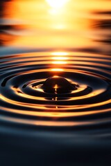 Poster - Serene Ripples at Sunset Water Droplet Creating Circular Waves in Golden Light : Generative AI