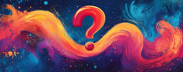 Poster - Big red question mark is floating in a colorful space with abstract brush strokes
