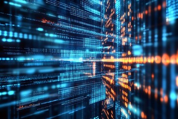 Fototapete - Glowing Abstract Cyber Network with Digital Data Code and Futuristic Patterns in Blue and Orange : Generative AI