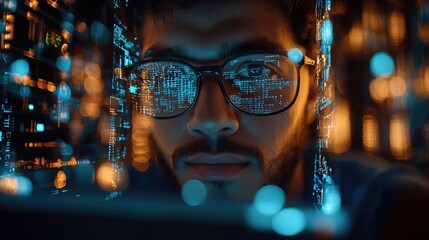 Young hispanic man engaging with futuristic digital interface at night