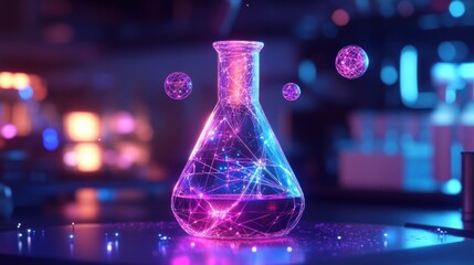 A glowing laboratory flask filled with vibrant, swirling particles and bubbles.