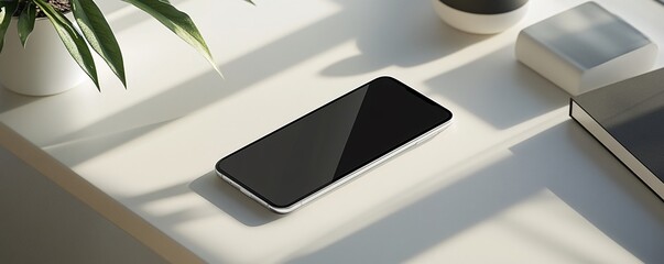 Poster - Smartphone rests on a white desk alongside a plant, a notebook, and a cup