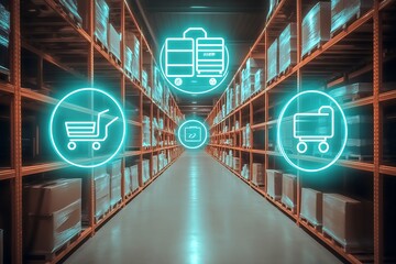 Aufkleber - Modern Digital Warehouse with Advanced Logistics and Shopping Cart Icons : Generative AI