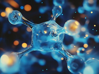 Poster - Abstract Molecular Structure with Blue Atoms and Orange Light Effects : Generative AI