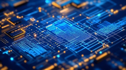 Fototapete - Futuristic Digital Circuit Board with Glowing Data Flow Background : Generative AI