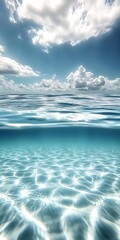 Poster - Scenic Coastal Ocean and Sky View in Pristine Tropical Paradise with Bright Clouds : Generative AI