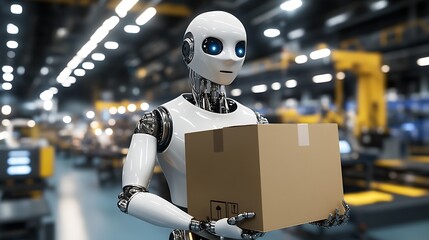Leinwandbilder - Futuristic Artificial Intelligence Robot Carrying Box in Warehouse Environment : Generative AI