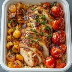 Grilled chicken with roasted vegetables served on a white platter in a cozy kitchen setting