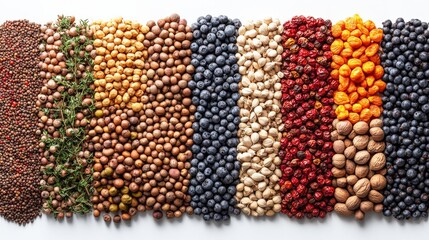 Sticker - A vibrant arrangement of various seeds and nuts on a white background, showcasing diversity in nature