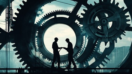 Poster - Two engineers conversing in front of oversized gears in an industrial environment