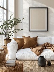 Wall Mural - Cozy Living Room Scene with White Couch Soft Cushions Art and Natural Light