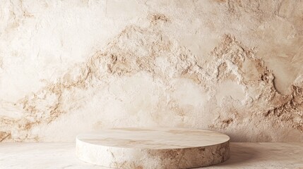 Poster - Clean beige backdrop with vacant circular stone pedestal for showcasing products