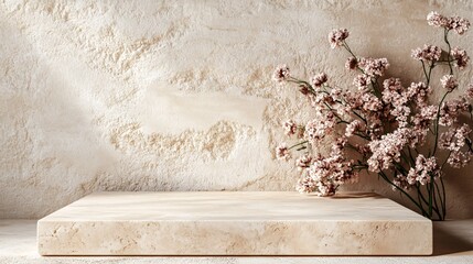 Wall Mural - Travertine stone podium with cosmetics and flowers on a beige background