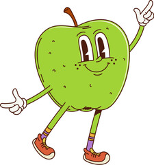 Wall Mural - Cartoon green apple fruit cute groovy character. Farm raw fruit 60s 70s happy character. Fresh green apple retro cartoon isolated vector mascot or healthy nutrition vintage groovy personage