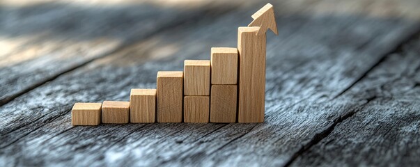 Poster - Wooden blocks creating a rising chart with an arrow above